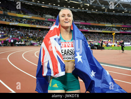 Australiens Sally Pearson feiert gewinnen 100 m Hürden Finale der Frauen während der Tag neun der Leichtathletik-WM 2017 auf der Londoner Stadion. Bild Datum: Samstag, August 12, 2017. Siehe PA Geschichte leichtathletik Welt. Foto: Martin Rickett/PA-Kabel. Einschränkungen: Nur für den redaktionellen Gebrauch bestimmt. Keine Übertragung von Ton oder bewegte Bilder und kein Video Simulation. Stockfoto