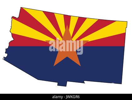 Der Umriß des Bundesstaates Arizona auf weißem Hintergrund mit Flagge Stock Vektor