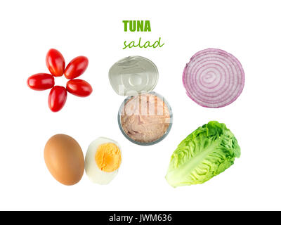 Thunfisch salat Zutaten: baby Kopf Römischer Salat, Tomaten, Ei, süße Zwiebel Querschnitt und offenen Thunfisch auf weißen isoliert werden Stockfoto