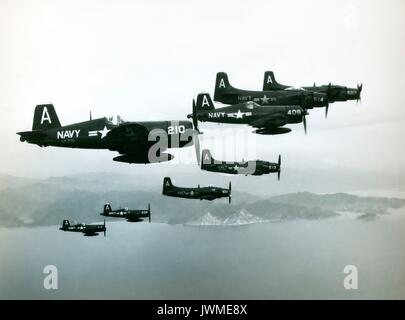 U.S. Navy Douglas A-1 Skyraiders und Vought F4U Corsair Flugzeuge der USS Antietam Luft Gruppe fliegen in enger Formation, wie sie Kampfeinsätze über Korea während des Koreakrieges 1952 fliegen. Stockfoto