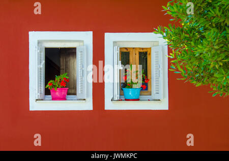 Bunte Fassade mit zwei Fenstern und Anlage Stockfoto