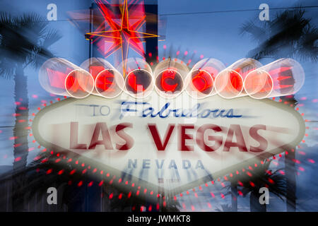 Die kultige "Willkommen bei neon Fabulous Las Vegas' Zeichen grüßt Besucher zu Las Vegas Reisen nördlich auf den Las Vegas Strip. Stockfoto