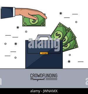 Buntes Plakat Crowdfunding Management mit Executive Aktenkoffer mit Geldscheinen Stock Vektor