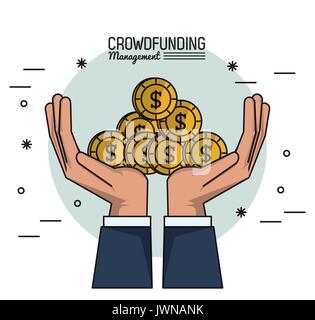Buntes Plakat Crowdfunding Management der Hände mit vielen Münzen Stock Vektor