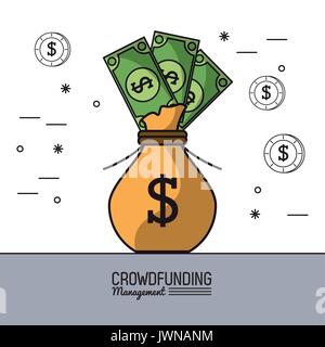 Buntes Plakat Crowdfunding Management mit Tasche voller Dollarscheine Stock Vektor