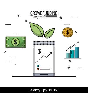 Buntes Plakat Crowdfunding Management mit Smartphone und wirtschaftlichen wachsenden Diagramme Stock Vektor