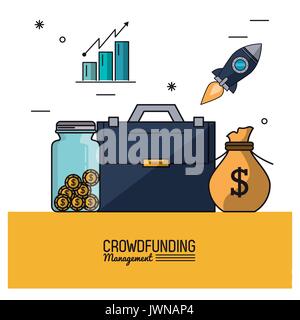 Buntes Plakat Crowdfunding Management mit Executive Aktenkoffer und Einsparungen und Balkendiagramme Statistiken Stock Vektor