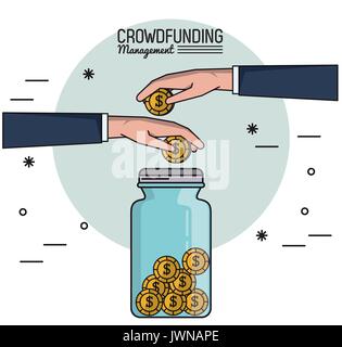 Buntes Plakat Crowdfunding Management mit Händen Geld in Glas Glas speichern Stock Vektor