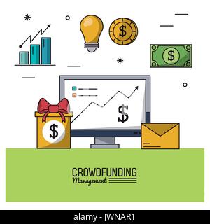 Buntes Plakat Crowdfunding Management mit Desktop Computer und Speichern Symbole um Stock Vektor