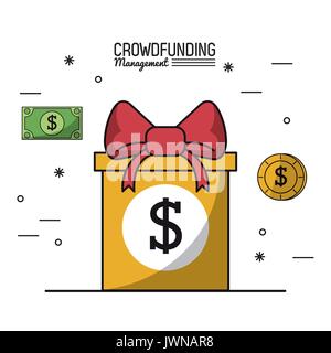 Buntes Plakat Crowdfunding Management mit Geschenkbox mit Geld Symbol Stock Vektor