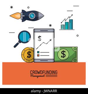 Buntes Plakat Crowdfunding Management mit Smartphone und Einsparungen und Balkendiagramme Statistiken Stock Vektor