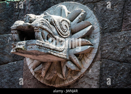 Old Stone Carving von Quetzalcoatl der Alten gefiederte Schlange aztekischen Gott auf eine Steinmauer in Mexiko montiert Stockfoto