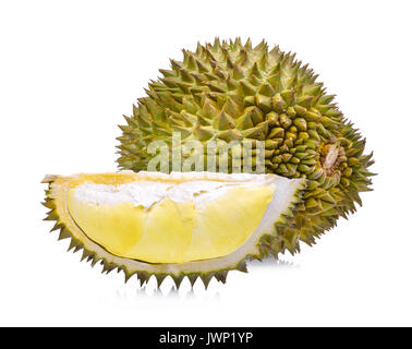 Gelbe Durian, Monthong Durian, König der Früchte, tropische Früchte auf weißem Hintergrund Stockfoto