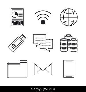 Weißer Hintergrund mit schwarzer Silhouette Symbole von Data Service Center Stock Vektor