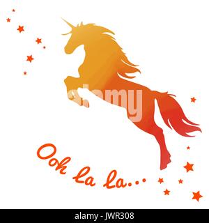 Schönen aquarell Einhorn in feurigem orange Töne Farben. Text Ooh La La.. Stock Vektor