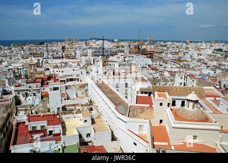 Erhöhten Blick auf die Dächer der Stadt westlich der Glockenturm der Kathedrale, Cadiz, Andalusien, Provinz Cadiz, Andalusien, Spanien, Westeuropa suchen. Stockfoto