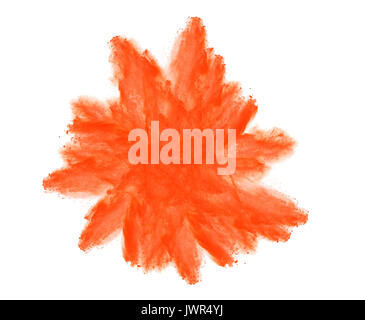 Orange farbigen Pulver splash Explosion auf weißem Hintergrund Stockfoto