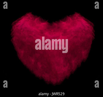 Rotes Herz aus Pulver Explosion auf schwarzem Hintergrund Stockfoto