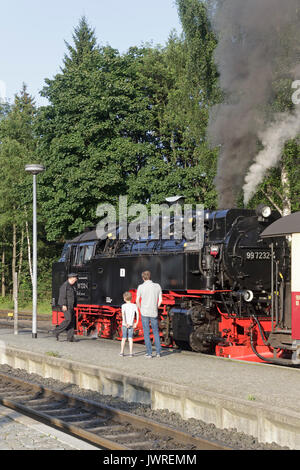 Dampfzug der Brockenbahn am Bahnhof Drei Annen Hohne, Harz-Mountains, Sachsen-Anhalt, Deutschland Stockfoto
