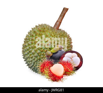 Rambutan, Mangosteen und Durian, tropische Früchte auf weißem Hintergrund Stockfoto