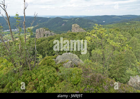 Anzeigen von Bornstein (links) und Goldstein (rechts) aus Feldstein, Bruchhausen Felsen, Sauerland, Nordrhein-Westfalen, Deutschland Stockfoto