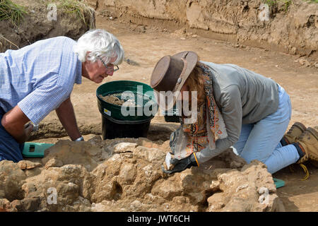 2017 Aylsham römischen Projekt - Junge weibliche Archäologie postgraduale Ausgräbt ein römischer Brennofen während älterer Mann schaut auf Stockfoto