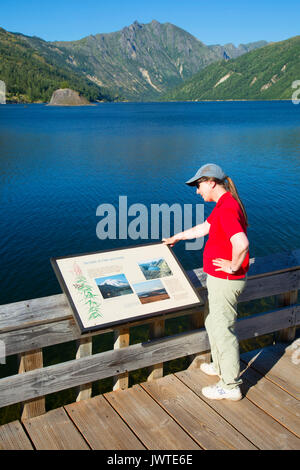 Coldwater Lake mit interpretierenden Board, Spirit Lake Memorial Highway, Mt St Helens National Volcanic Monument, Washington Stockfoto