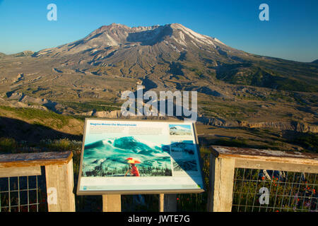 Mt St Helens mit interpretierenden Board von Johnston Ridge, Spirit Lake Memorial Highway, Mt St Helens National Volcanic Monument, Washington Stockfoto