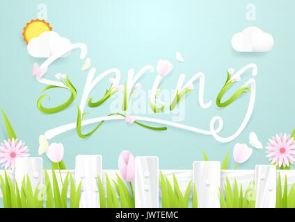 Spring Season Konzept. Holzzaun mit Blumen auf Wolke und Sonne Hintergrund. Papier Kunst Design Stock Vektor