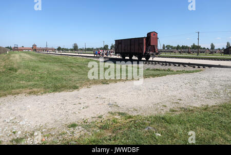 Besucher stehen vor einem Güterwagen auf der berüchtigten Rampe im ehemaligen Konzentrationslager Auschwitz-Birkenau in Oswiecim, Polen, 21. Juni 2017. Die wichtigsten paramilitärischen Organisation im nationalsozialistischen Deutschland, SS (Schutzstaffel, lit. "Schutz Squadron"), lief die Konzentrations- und Vernichtungslager zwischen 1940 und 1945. Eingehende Deportierten wurden in verschiedene Gruppen, die auf der Rampe zwischen den Tracks ausgewählt, nachdem Sie in Birkenau angekommen. Die Menschen, die nicht in der Lage waren zu arbeiten (ältere Menschen, Menschen mit schwachen, Frauen, Kinder) waren manchmal zu den Gaskammern direkt ohne Registrierung gesendet. Etwa 1,1 bis 1,5 Stockfoto