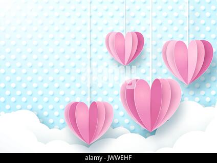 Herzen hängen an niedlichen blaue und weiße Punkt Hintergrund. Paper Art Stil Stock Vektor