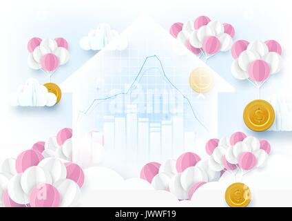 Diagramm und Tabelle im Hause Form. Rosa und weiße Ballons hängende Münzen fliegen mit Wolken Finanzkonzept. Paper Art Stil Stock Vektor