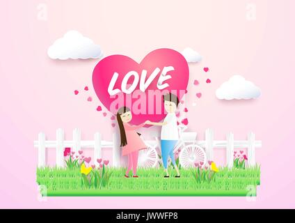 Glückliches Paar in Liebe Herz Form in einem Feld mit niedlichen Blumen. Papier Kunst und Handwerk Stil Stock Vektor