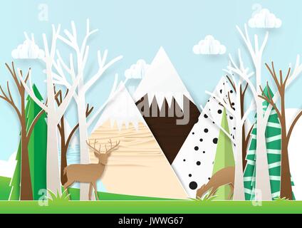 Paper art Rehe im Wald mit Berg Hintergrund Stock Vektor