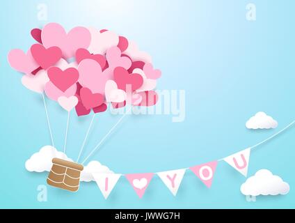 Paper art Herzform Ballon mit Girlande. Liebe Konzept Hintergrund Stock Vektor
