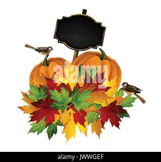 Thanksgiving vektor Herbst Komposition mit Kürbissen und Herbstlaub und Vögel mit schwarzem Brett für Ihren Text auf weißem Hintergrund Stock Vektor