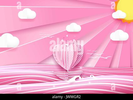 Herzform Boot im Meer und Wolken Himmel. Liebe Konzept. Kunst und Papier origami Art Stock Vektor