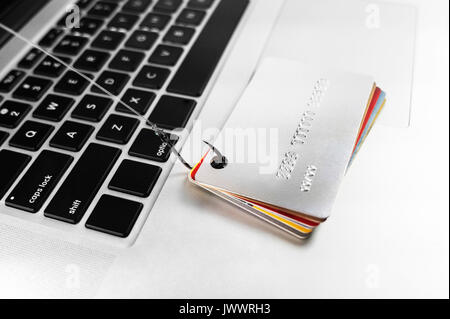 Identität Diebstahl - Kreditkarte phishing. Computer Laptop mit Kreditkarten und Angeln Haken. Stockfoto