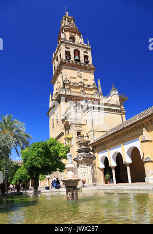 CORDOBA, Spanien - 30. JUNI 2017: Innenhof mit Garten und Glockenturm der Kathedrale von Cordoba. Stockfoto