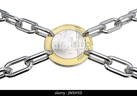 Münze mit Bohrungen mit Kette links in 4 Richtungen verbunden. 3D-Render. Stockfoto