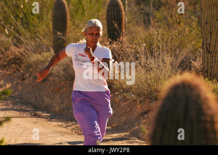 Läufer und Radfahrer Rennen auf Bajada Loop Drive im Saguaro National Park West, Sonora-Wüste, Tucson, Arizona, USA. Stockfoto