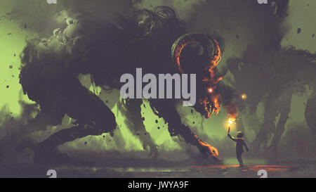 Dark Fantasy Konzept der Junge mit einer Fackel vor Rauch Monster mit Hörnern Demon's, Digitale Kunst Stil, Illustration Malerei Stockfoto