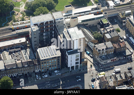 Luftaufnahme der Fähigkeit, Plaza & Angaben zum Bahnhof, London E8, UK Stockfoto