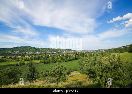 Blick auf die grünen Hügel und das Zentrum von Tübingen, Baden-Württemberg, Deutschland. Stockfoto