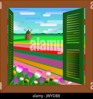 Fenster nach Holland. Niederlande Landschaft Hintergrund mit Mühle und Tulpenfeld. Vector Illustration Stock Vektor