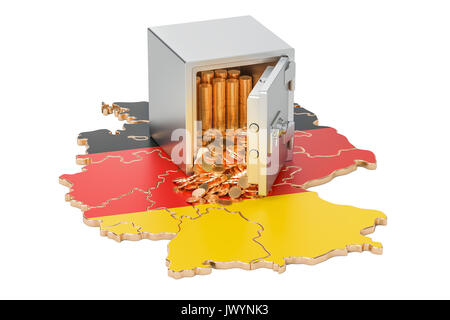 Safe mit goldenen Münzen auf der Karte von Deutschland, 3D-Rendering Stockfoto