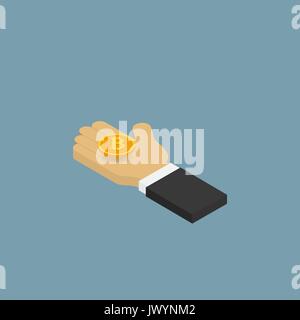 Unternehmer, die eine Münze Bitcoins. Isometrische Vector Illustration. Stock Vektor