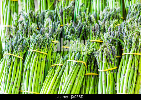 Nahaufnahme von vielen Spargel Trauben auf Anzeige an jean-talon Bauernmarkt im Sommer Stockfoto