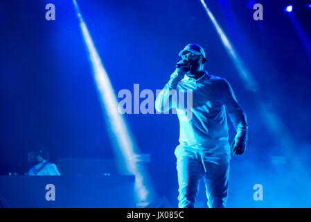 BENICASSIM, Spanien - 14 JUL: Major Lazer (elektronische Musikband bestehend aus Produzent Diplo, Jillionaire und Walshy Fire) führen im Konzert in F Stockfoto