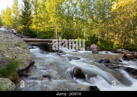 Einem rauschenden Bach vorbei unter einer Fußgängerbrücke und Aspen Bäume entlang der Taggart Lake Trail in Jackson Hole. Der Grand Teton National Park, Wyoming Stockfoto